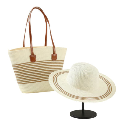 Straw Hat &amp; Tote Two-Piece Set – Wide-Brim Beach Duo, Large Capacity Striped Vacation Kit
