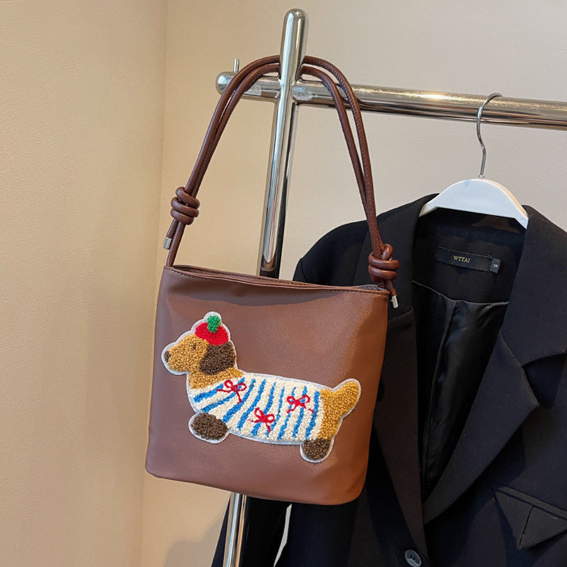 Adorable Cute Puppy Pattern Canvas Bag - Fashionable Bucket Style Shoulder Bag for Students &amp; Women Hobo