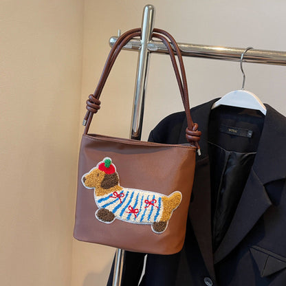 Adorable Cute Puppy Pattern Canvas Bag - Fashionable Bucket Style Shoulder Bag for Students &amp; Women Hobo