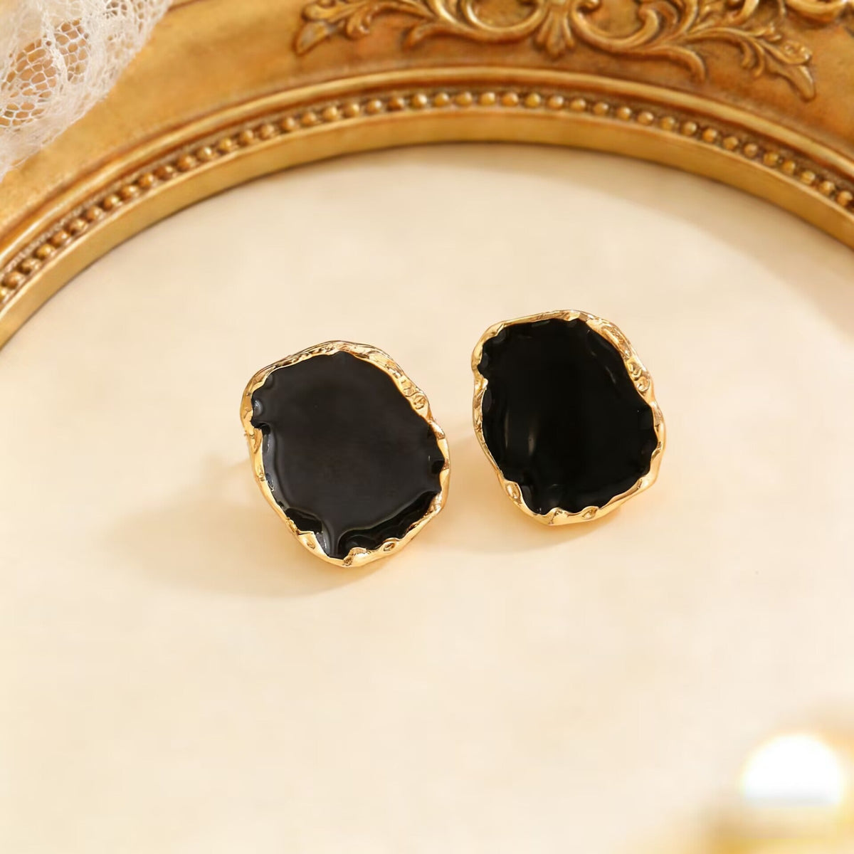 Vintage Irregular Square Red Black Glazed Ring &amp; Earrings Set Women Jewelry