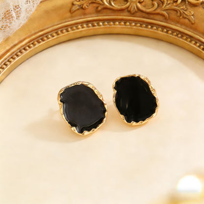 Vintage Irregular Square Red Black Glazed Ring &amp; Earrings Set Women Jewelry