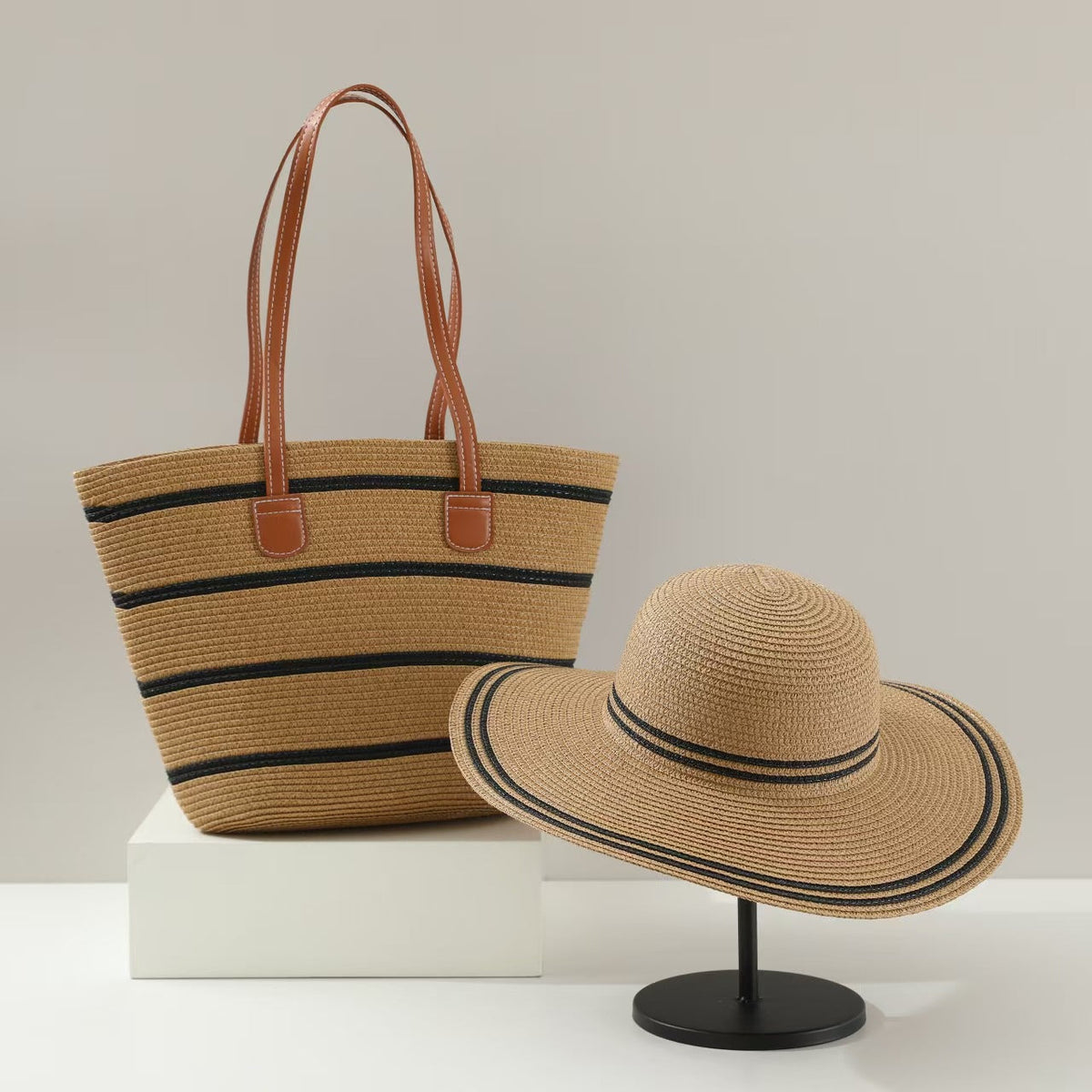 Straw Hat &amp; Tote Two-Piece Set – Wide-Brim Beach Duo, Large Capacity Striped Vacation Kit