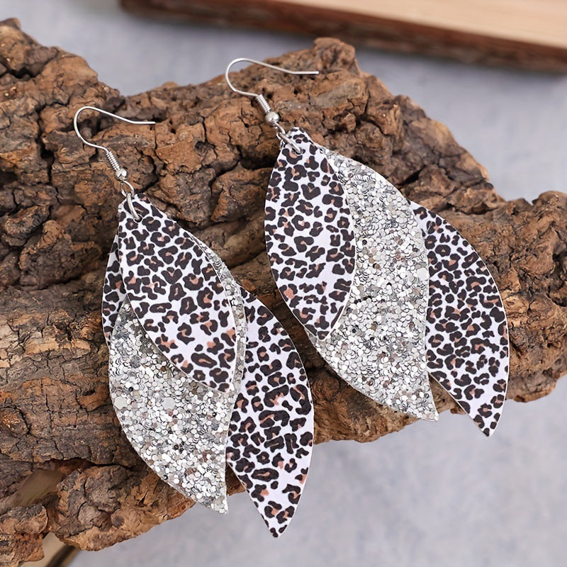 Bohemian Geometric Drop Earrings - Lightweight Faux Leather Leaf Design with Double-Sided Color &amp; Triple Tassel Fringe