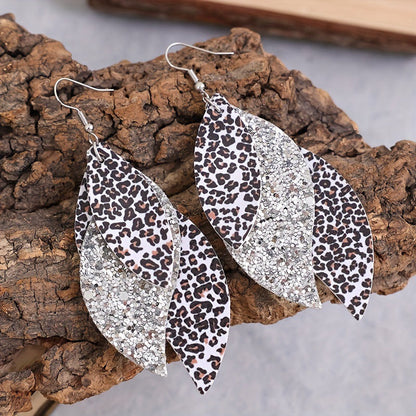 Bohemian Geometric Drop Earrings - Lightweight Faux Leather Leaf Design with Double-Sided Color &amp; Triple Tassel Fringe
