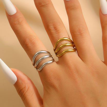 Exaggerated Vintage Stainless Steel Multi-Layer Wavy Ring &amp; Bangle Set Party Banquet
