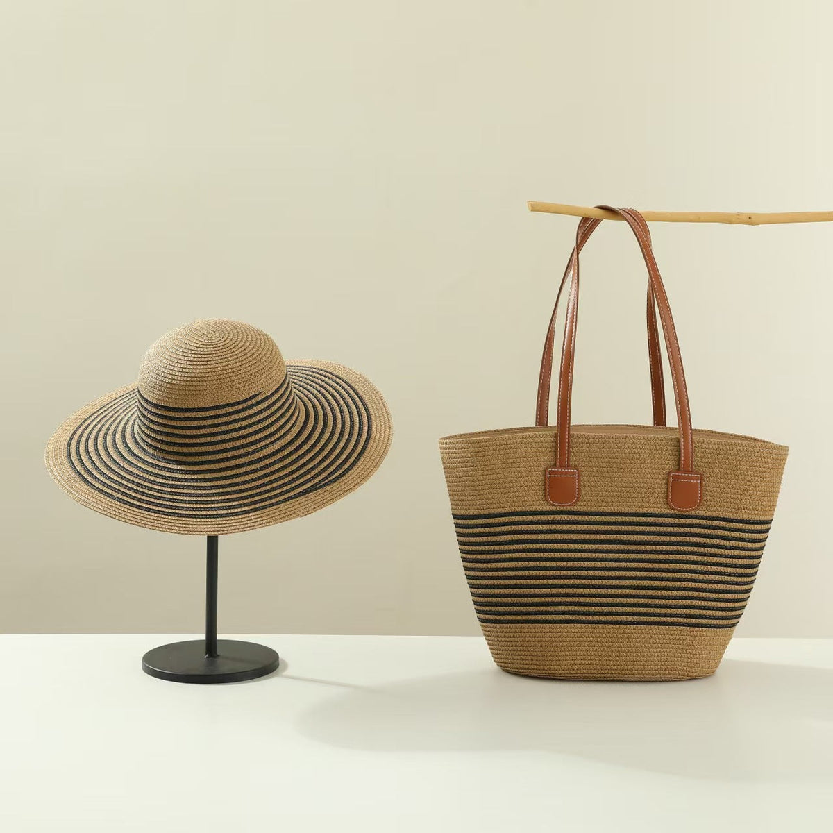 Straw Hat &amp; Tote Two-Piece Set – Wide-Brim Beach Duo, Large Capacity Striped Vacation Kit