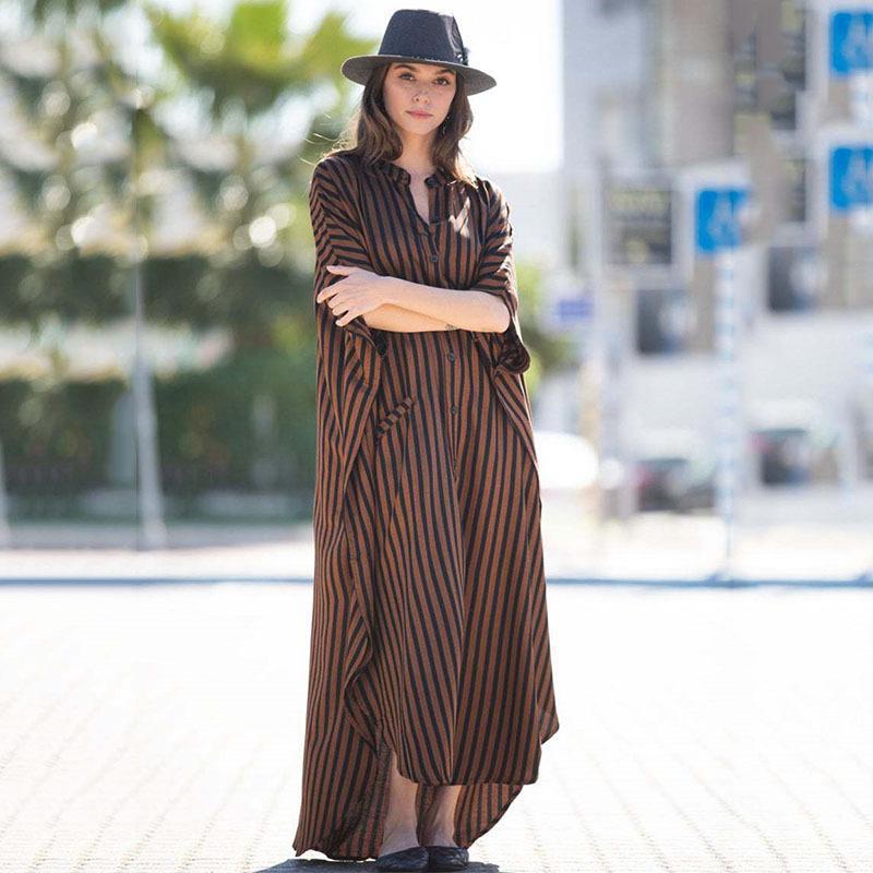 Black &amp; Brown Striped Beach Robe ¨C Sexy Single-Breasted Bikini Cover-Up, Vacation Kimono