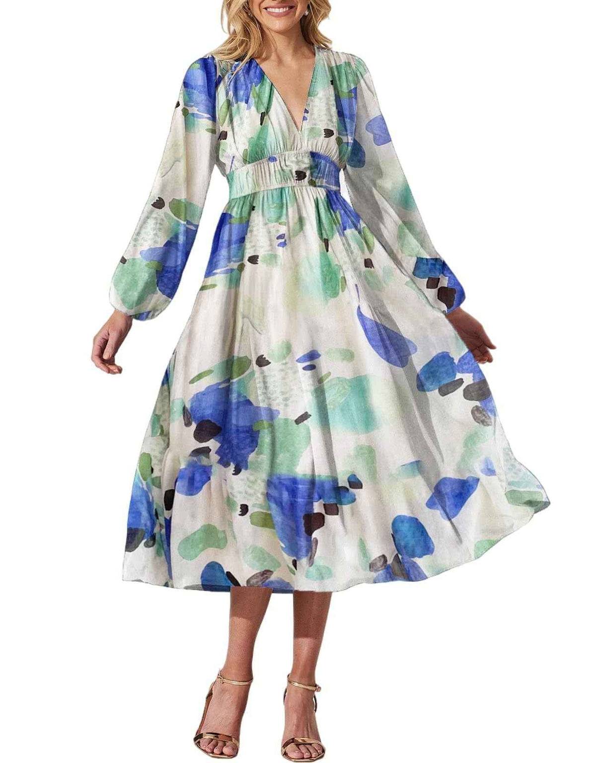Bohemian female Long Lantern Sleeves Dress-Boho deep V printing high waist casual dress for women