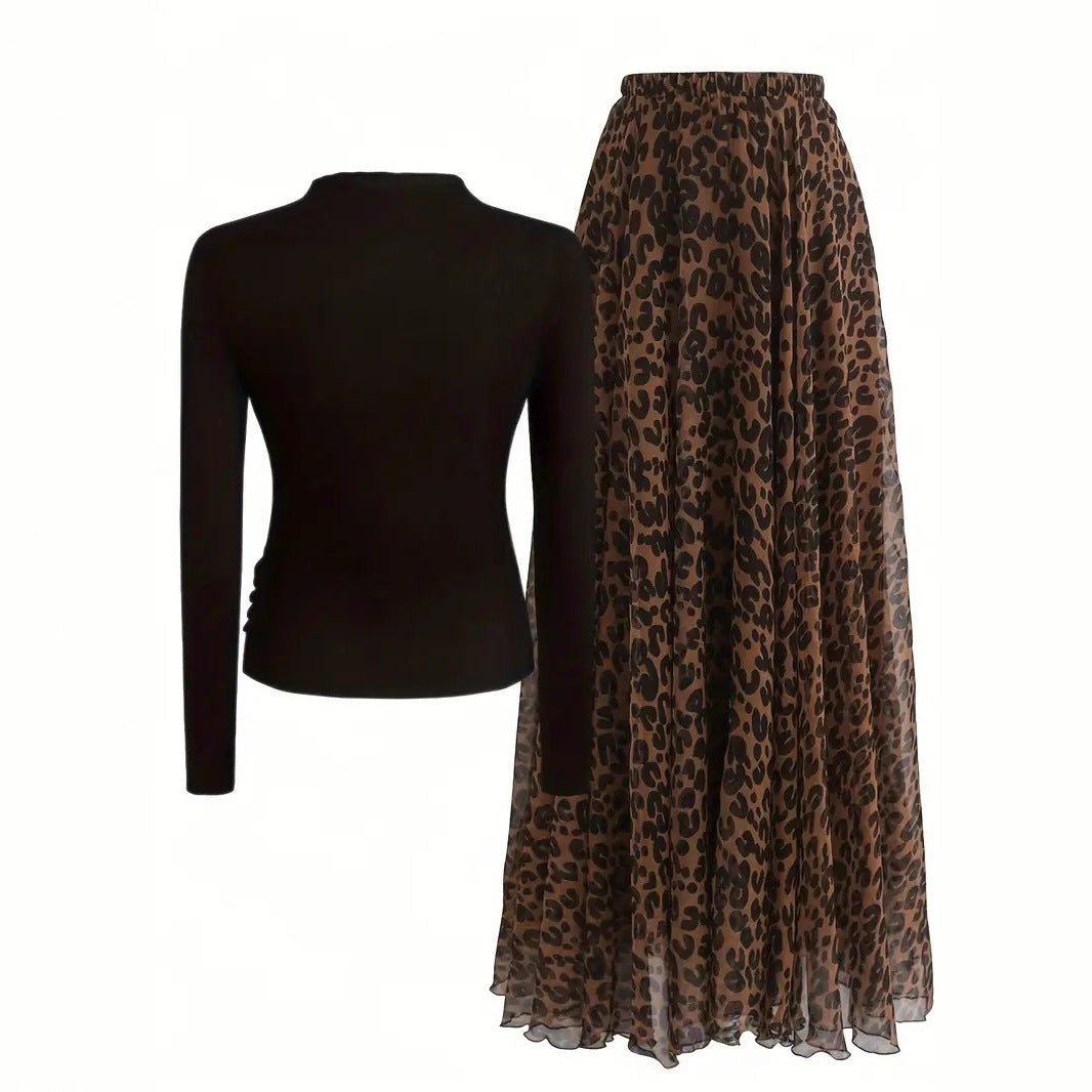 Leopard Print Skirt &amp; Black Top Set