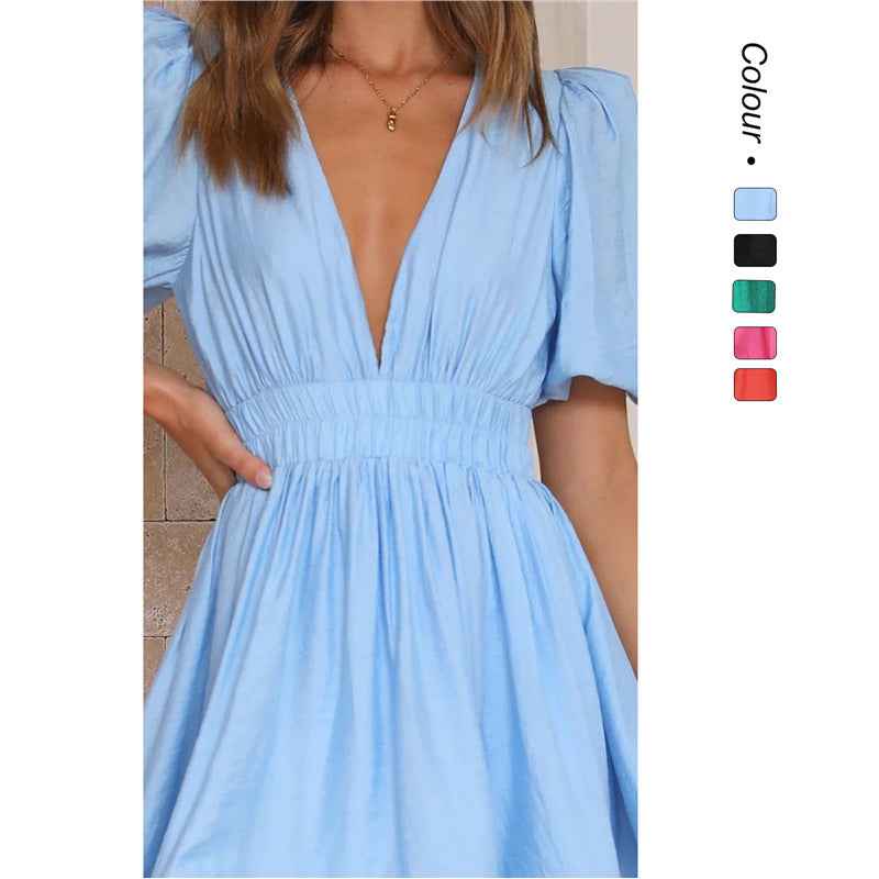 Deep v Waist Skinny Pleated Bubble Sleeve Dress Lantern Sleeve Bridesmaid