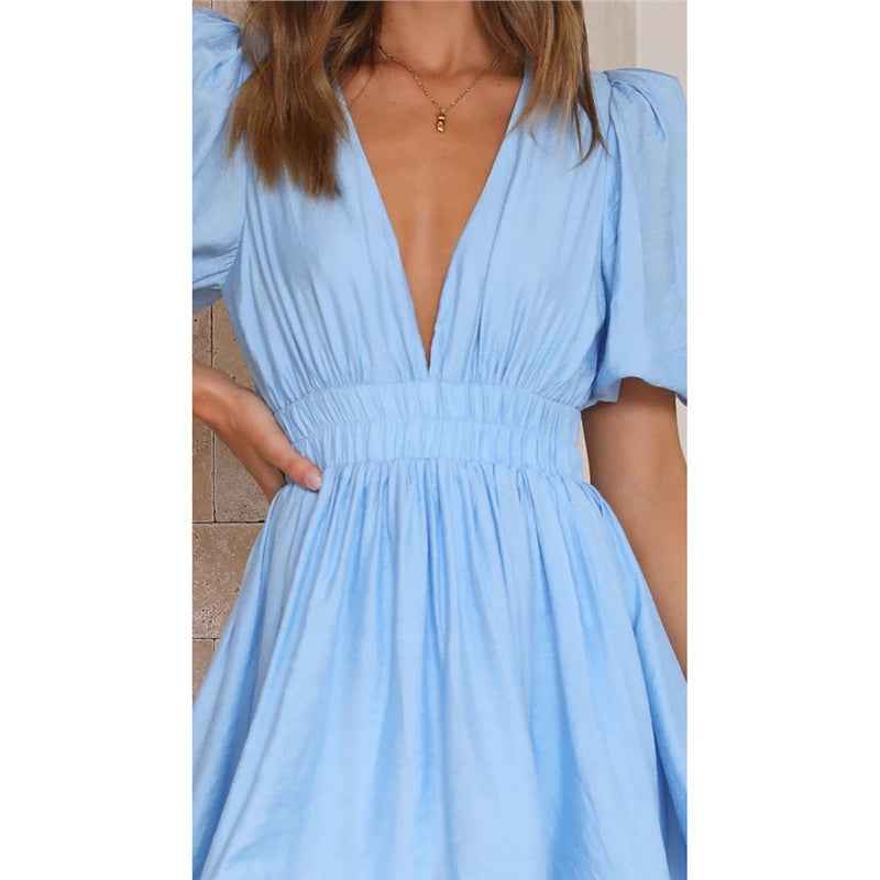 Deep v Waist Skinny Pleated Bubble Sleeve Dress Lantern Sleeve Bridesmaid