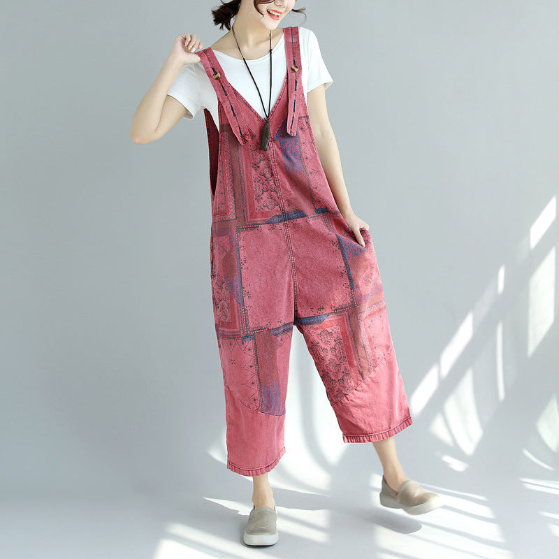 Printed Denim Suspender Pants with Worn-Out Look
