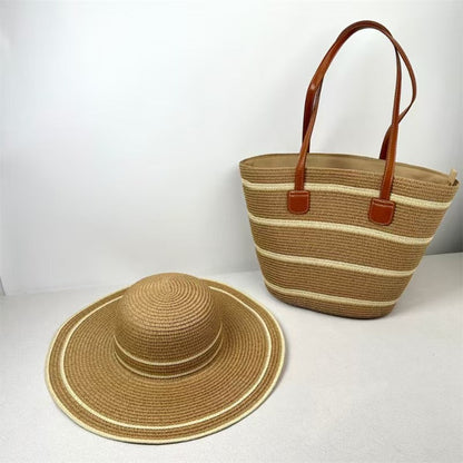 Straw Hat &amp; Tote Two-Piece Set – Wide-Brim Beach Duo, Large Capacity Striped Vacation Kit