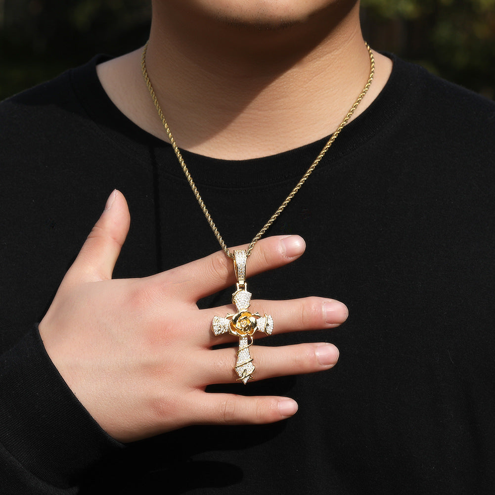 Hip-hop rose cross necklace with 5A zircon inlay