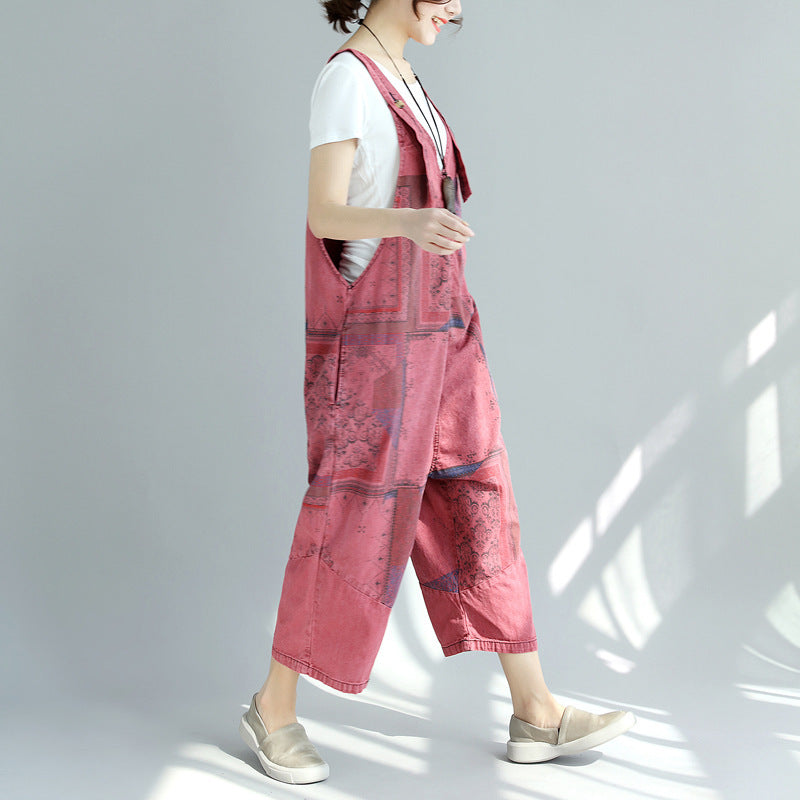 Printed Denim Suspender Pants with Worn-Out Look