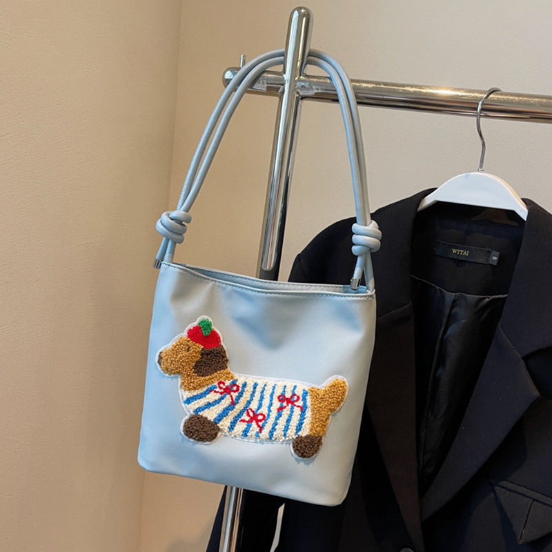 Adorable Cute Puppy Pattern Canvas Bag - Fashionable Bucket Style Shoulder Bag for Students &amp; Women Hobo