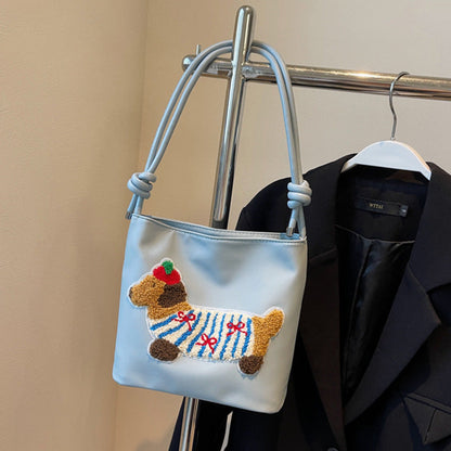 Adorable Cute Puppy Pattern Canvas Bag - Fashionable Bucket Style Shoulder Bag for Students &amp; Women Hobo