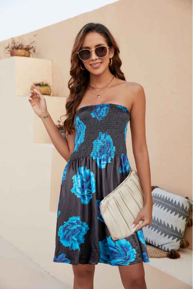 Beach Dress Floral Medium and Long Dress Bohemian Strapless Printed Chest Wrap Skirt