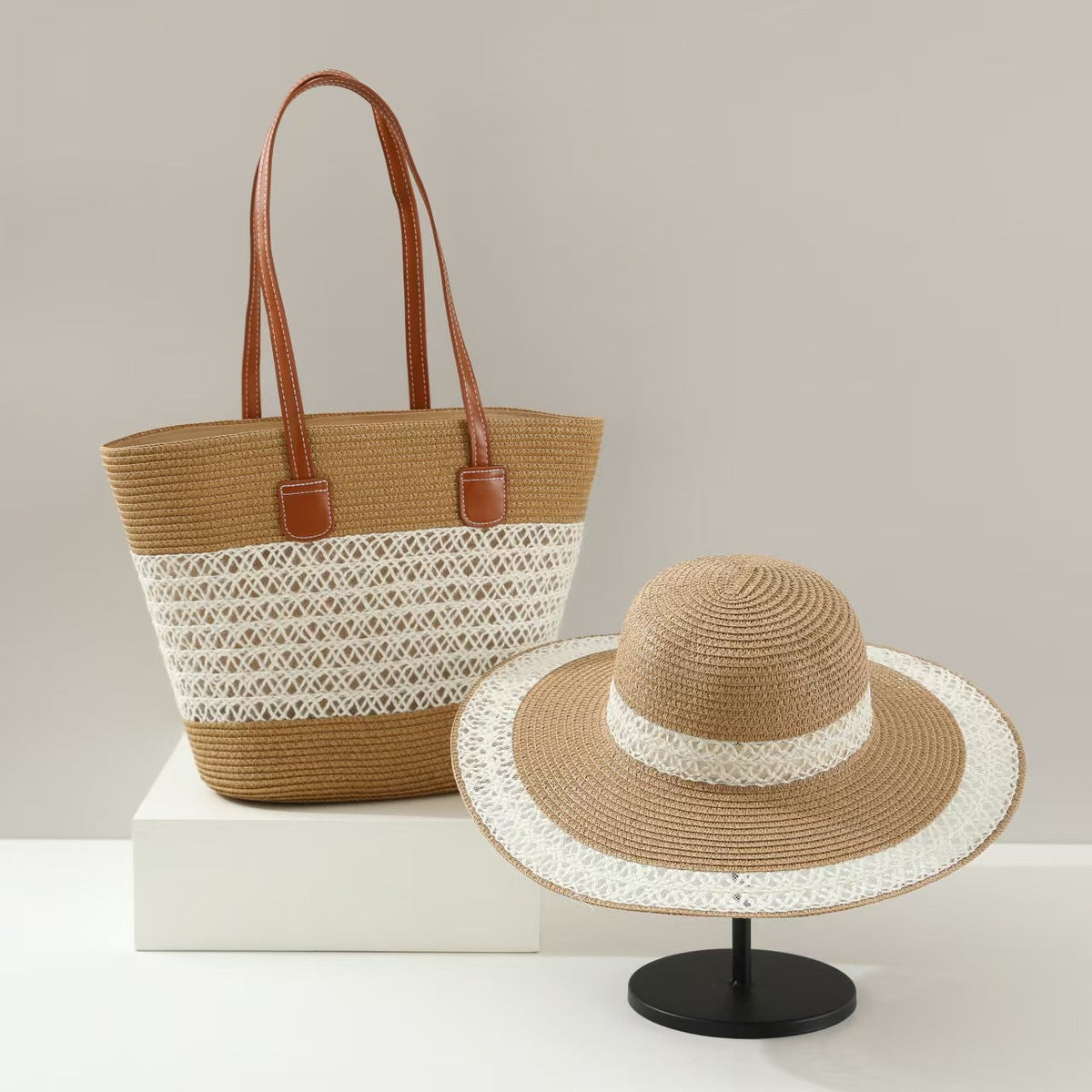 Straw Hat &amp; Tote Two-Piece Set – Wide-Brim Beach Duo, Large Capacity Striped Vacation Kit