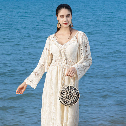Small round wooden bead bag, hand-woven bag, women&