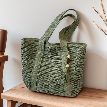 Wooden Bead Tassel Handwoven Bag – Large Straw Tote, Vacation Beach Shoulder &amp; Hand Purse
