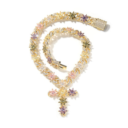 Colorful zircon ice flower cross necklace