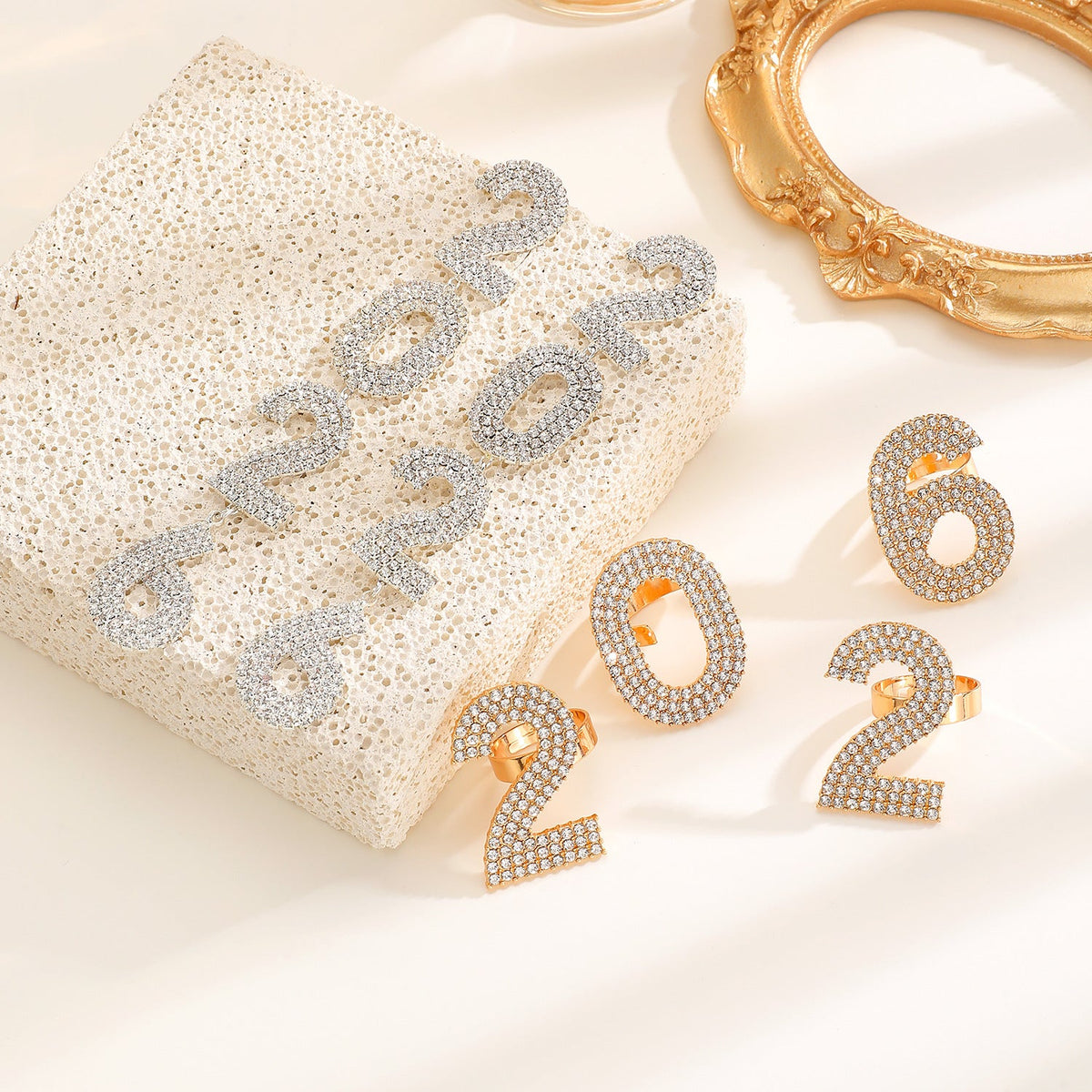 Zircon Inlaid Number Tassel Earrings &amp; Ring Set Luxury Party Jewelry
