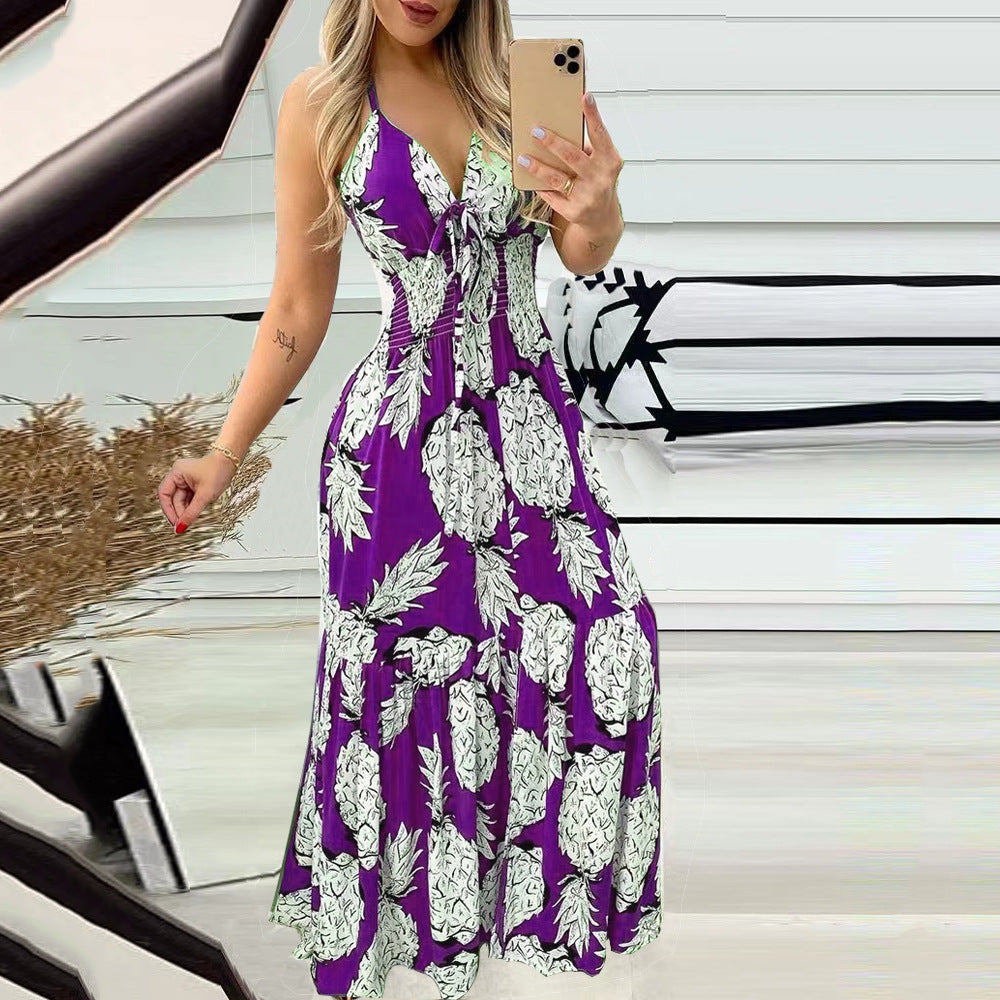 Summer Bustier Spaghetti Strap High Waist Printed Maxi Dress Sexy Women&
