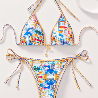Contrasting Print Strap Sexy Bikini Split Swimsuit Batwing Short Sleeve Shirt W Plants Print