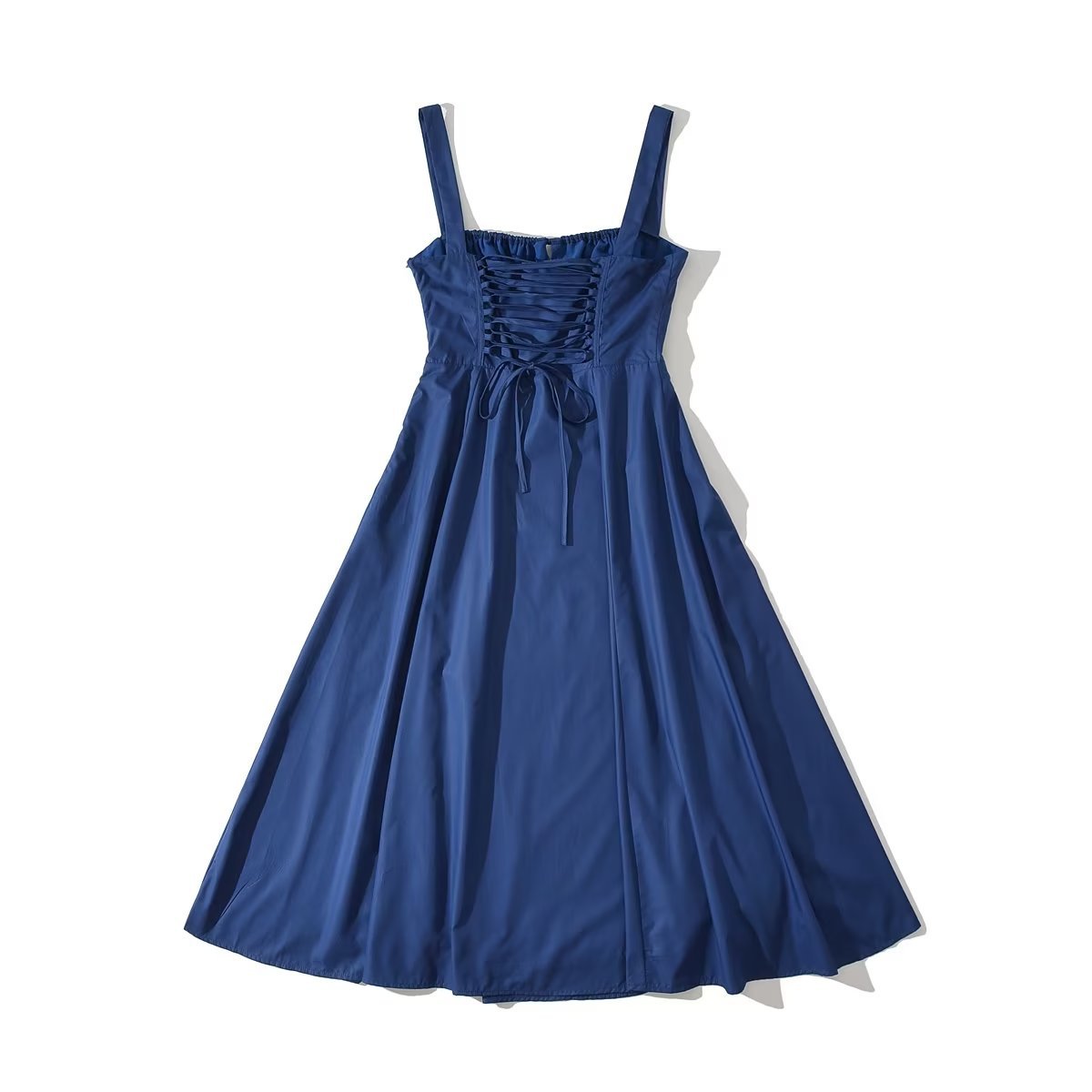 Square Neck Bustier Midi Dress - Low Cut Sleeveless Swing Sundress with Lace Trim &amp; Spaghetti Straps