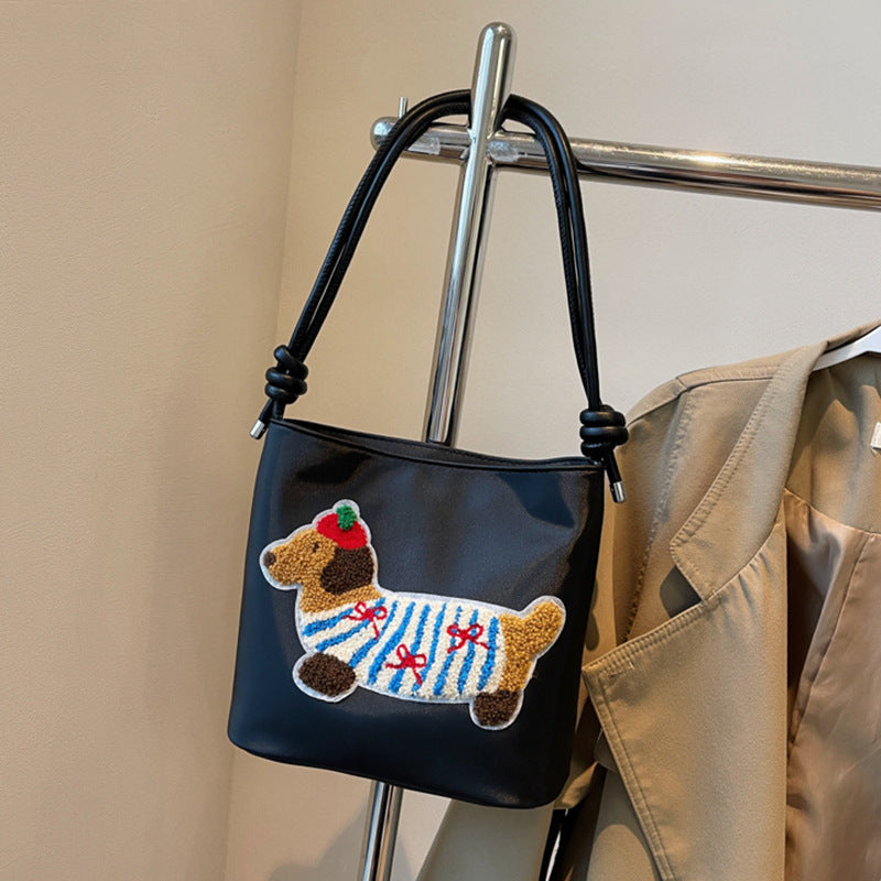 Adorable Cute Puppy Pattern Canvas Bag - Fashionable Bucket Style Shoulder Bag for Students &amp; Women Hobo