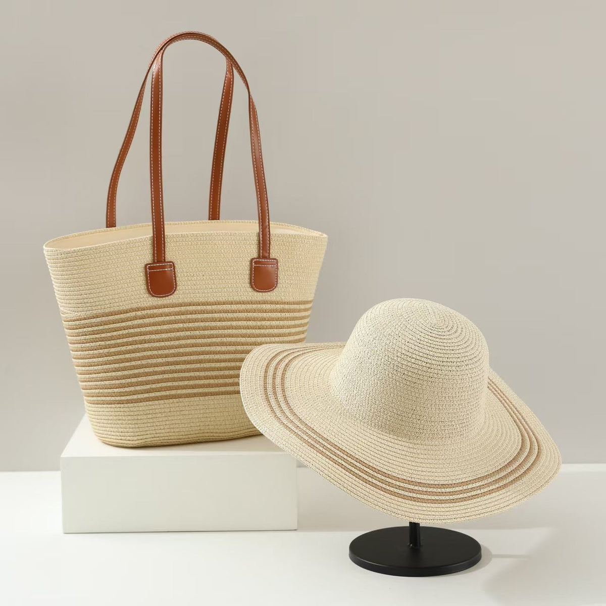 Straw Hat &amp; Tote Two-Piece Set – Wide-Brim Beach Duo, Large Capacity Striped Vacation Kit