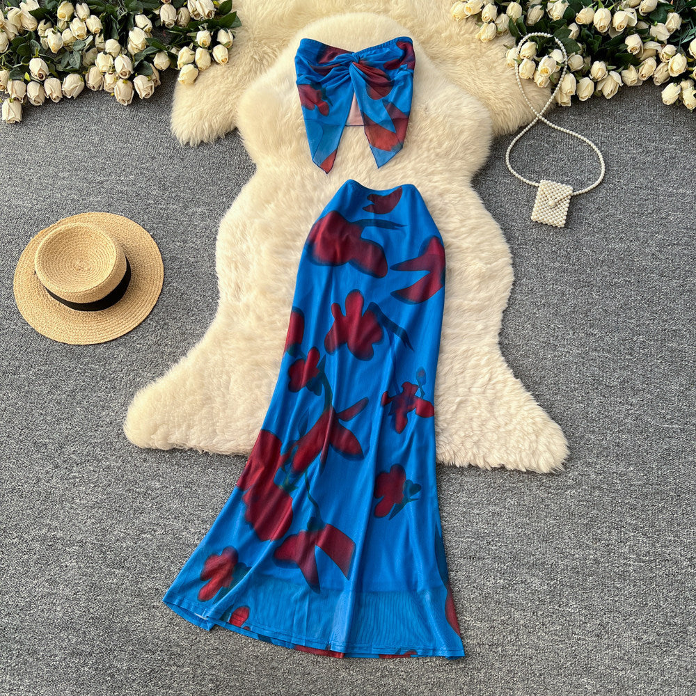 Vacation Printed Crop Top &amp; High-Waist Skirt Set – Sexy Summer Two-Piece, Coachella Fashion Suit