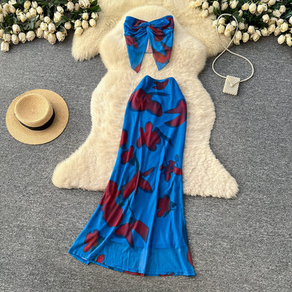 Vacation Printed Crop Top &amp; High-Waist Skirt Set – Sexy Summer Two-Piece, Coachella Fashion Suit