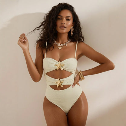 Hollow Out Starfish Decorative One Piece Swimsuit Women&