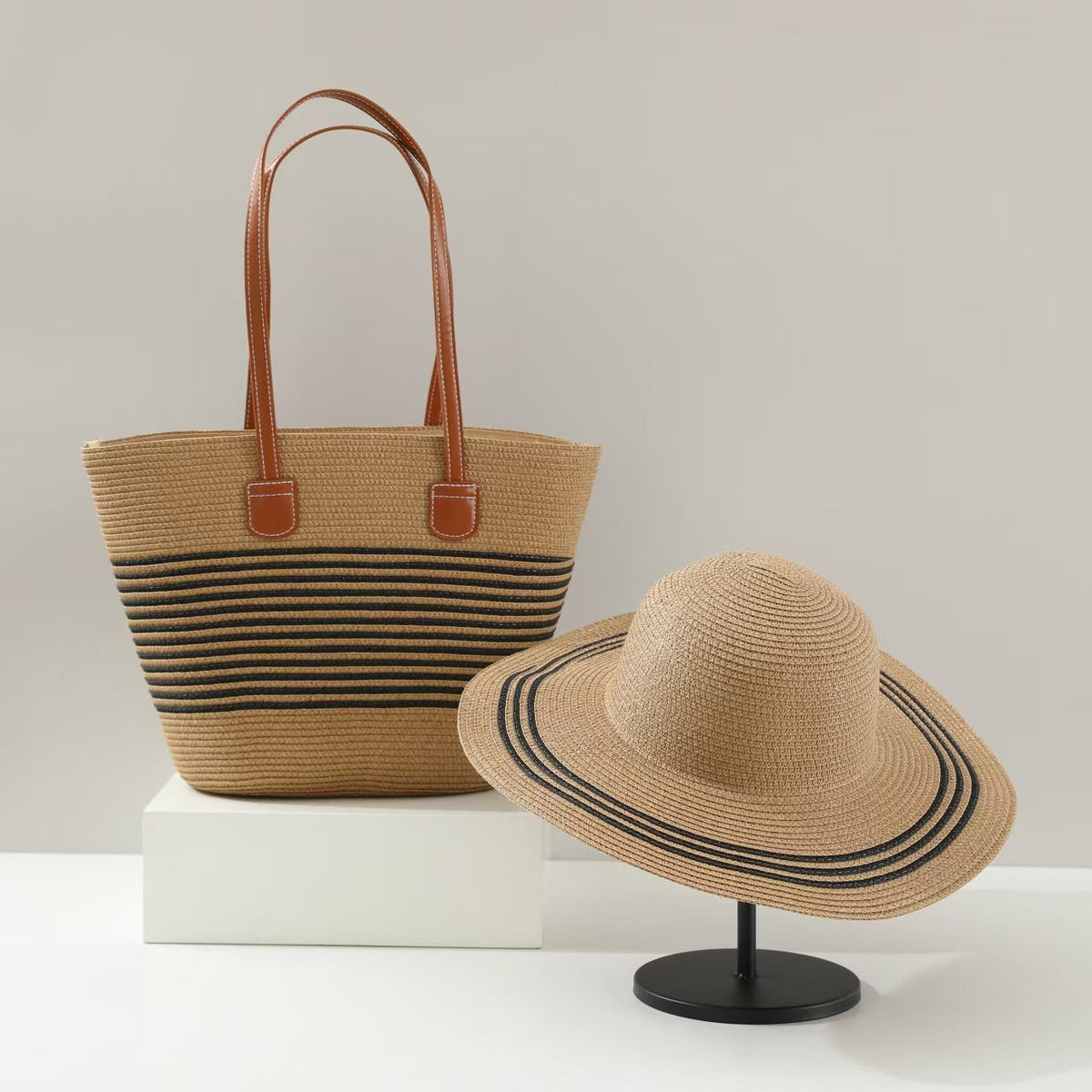 Straw Hat &amp; Tote Two-Piece Set – Wide-Brim Beach Duo, Large Capacity Striped Vacation Kit