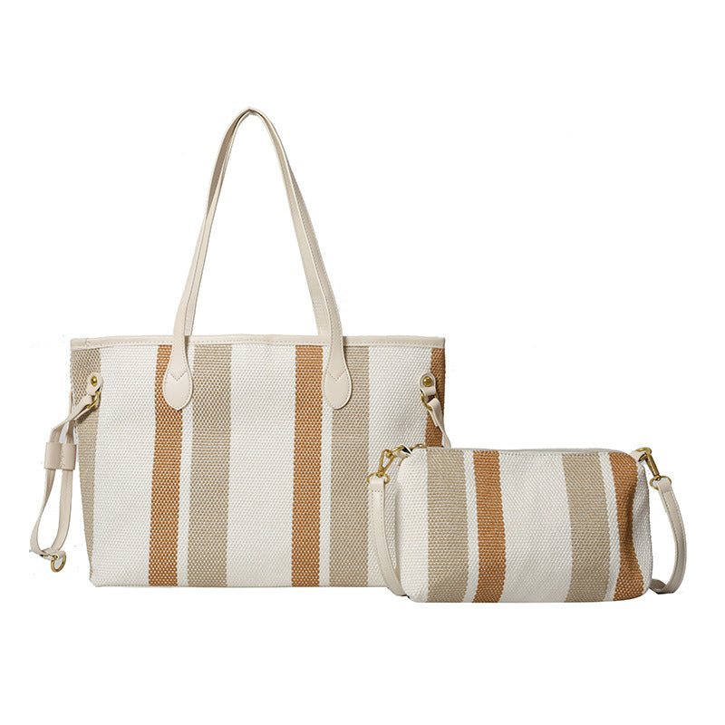 Canvas Striped Letter Print Tote – Large Shoulder &amp; Crossbody Bag, Trendy Versatile Shopper