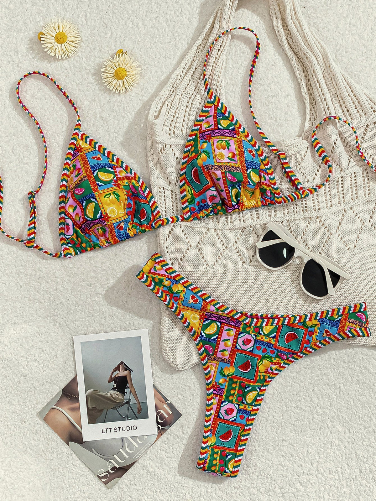 Contrasting Print Strap Sexy Bikini Split Swimsuit Batwing Short Sleeve Shirt W Plants Print