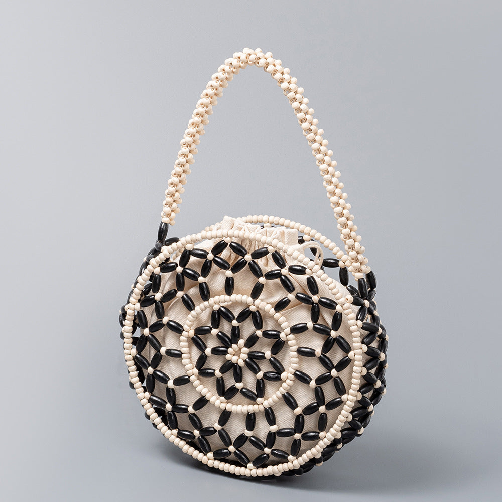 Small round wooden bead bag, hand-woven bag, women&