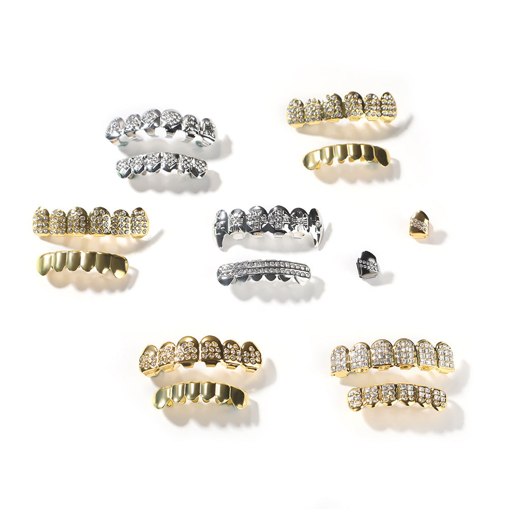 Hip-hop diamond-encrusted and gold-plated teeth grillz
