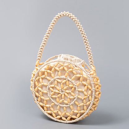 Small round wooden bead bag, hand-woven bag, women&