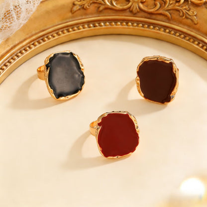 Vintage Irregular Square Red Black Glazed Ring &amp; Earrings Set Women Jewelry