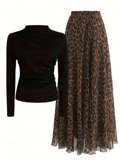 Leopard Print Skirt &amp; Black Top Set