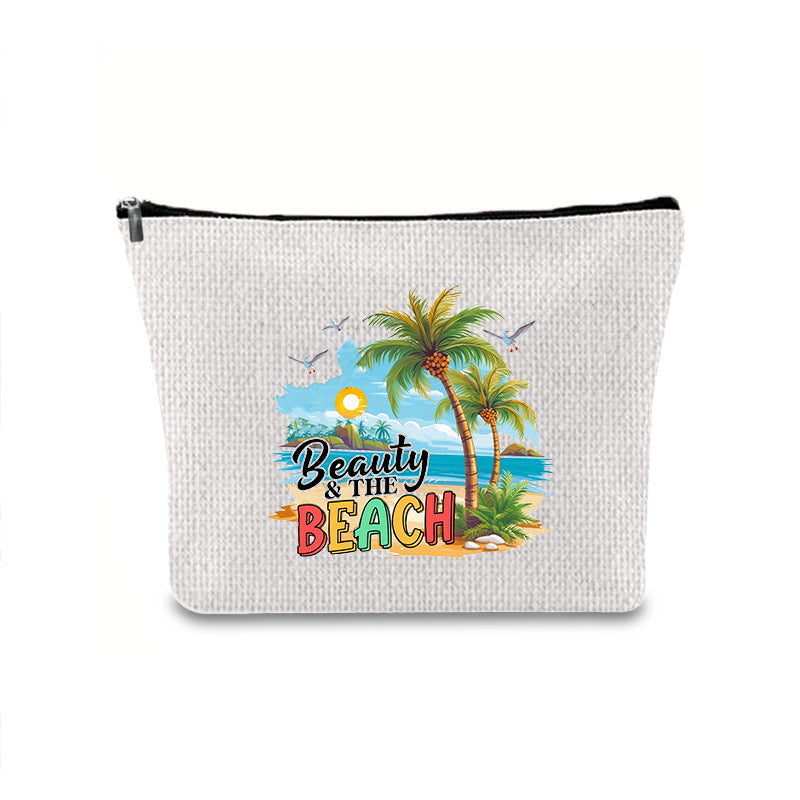 Linen printed cosmetic bag, cosmetic lipstick storage bag, small simple zipper evening clutch bag,