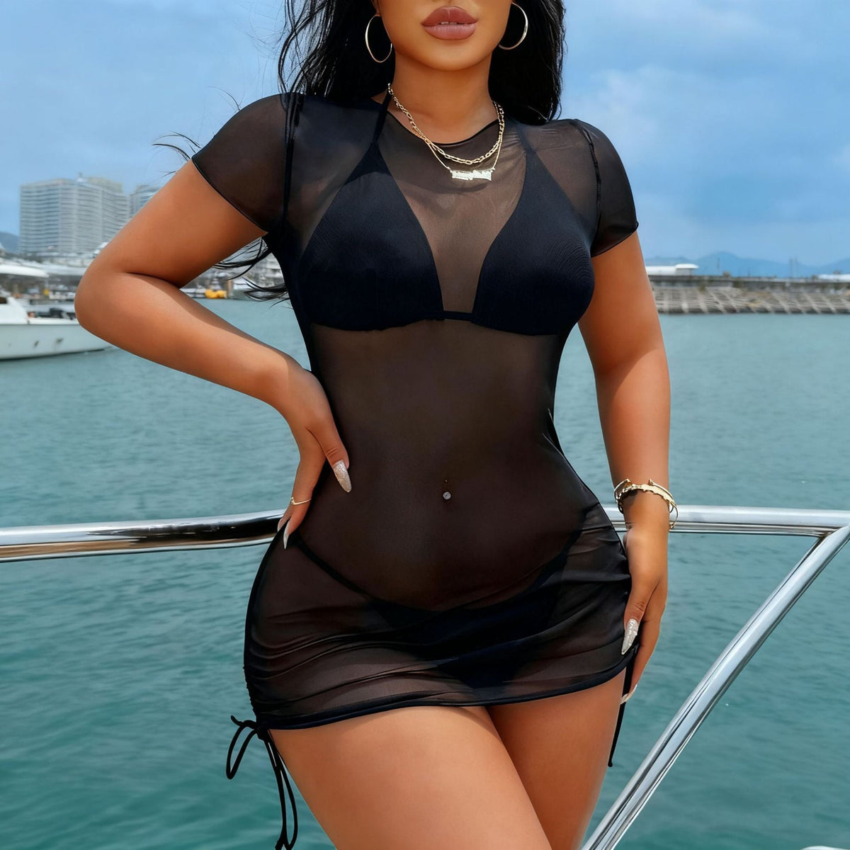 Black Bikini Three Piece Cover Up Mesh Sheer Separated Swimsuit Women&