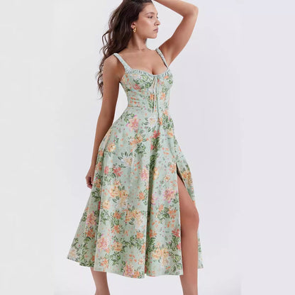 Spring Summer Women Printed Cami Dress Sexy Backless Slit Mid Length Dress for Women