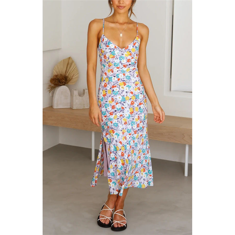 Floral Deep V Suspender Split Dress - Women&