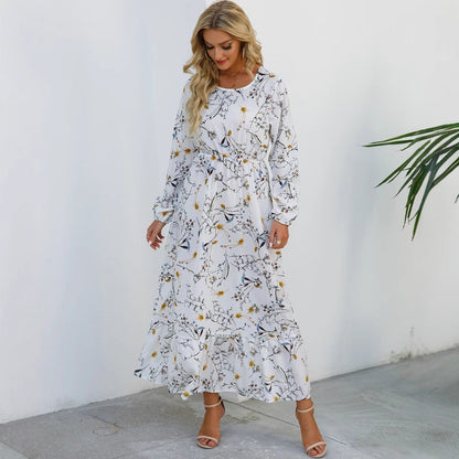 Spring and Autumn floral chiffon dress waist thin long sleeve round neck long printed skirt