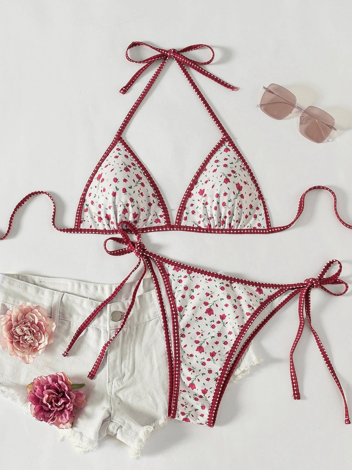 Hemming contrasting print strap sexy bikini split swimsuit Batwing Short Sleeve Shirt W Plants Print