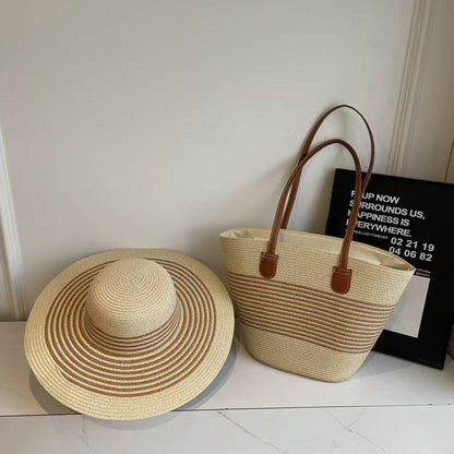 Straw Hat &amp; Tote Two-Piece Set – Wide-Brim Beach Duo, Large Capacity Striped Vacation Kit
